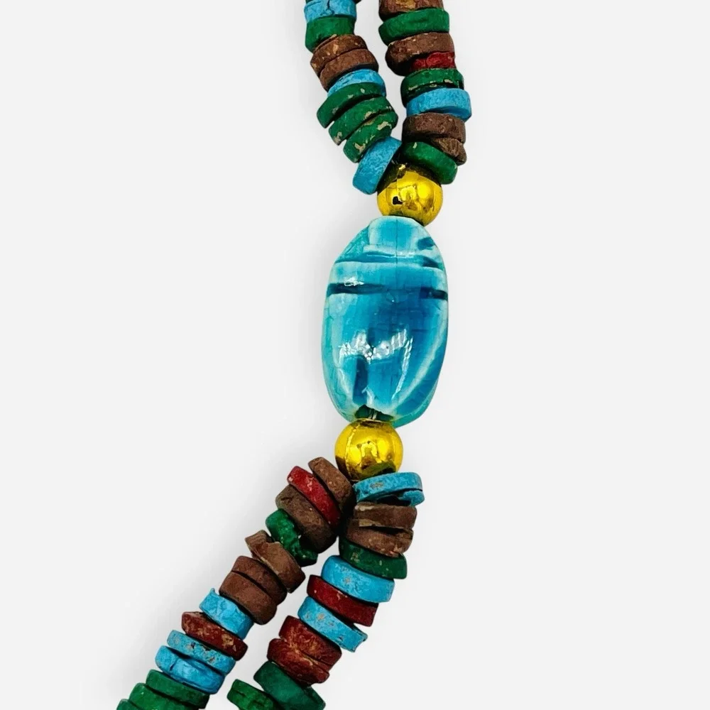 Vintage Egyptian Revival Scarab Necklace Carved Beetle Turquoise‎ Faience Magnet